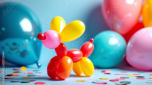 Balloon animal dog with colorful balloons and confetti