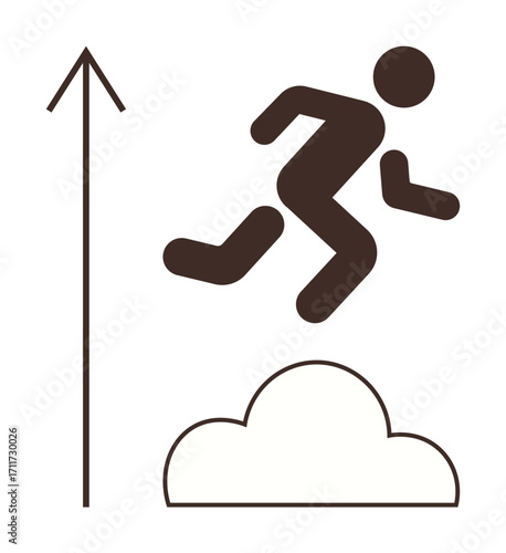 Stick figure jumping over a cloud alongside an upward arrow representing progress. Ideal for growth, success, ambition, overcoming challenges, motivation, self-improvement, career advancement. Simple