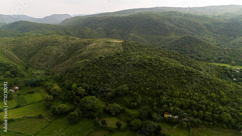 Aerial shot of Aravalli mountains near Eklingji Udaipur with dense green trees, scenic hills, rocky terrain, rural Rajasthan landscape, monsoon season nature photography in Mewar region.