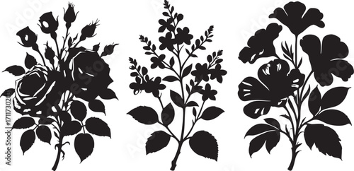 Black floral vector: rose, lilac, and flower silhouettes for design eps