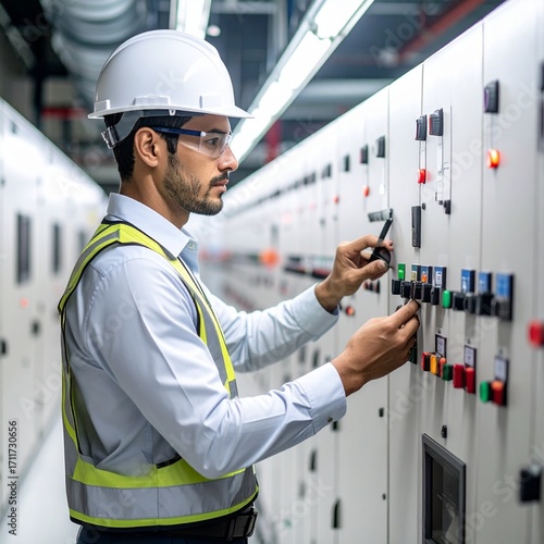 Electrical Engineer Inspecting Industrial Control Panel
