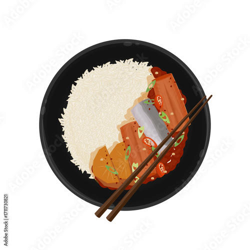 Vector Illustration Logo Clipart Top View Korean Food Galchi Jorim with Rice