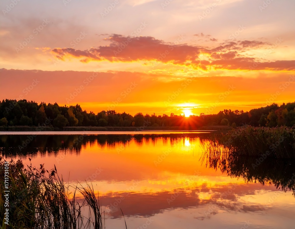 Obraz premium Golden sunset over a tranquil lake