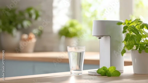 Wallpaper Mural Modern home Reverse Osmosis Water filter on kitchen counter with glass of purified water and mint leaves in sunlight Torontodigital.ca