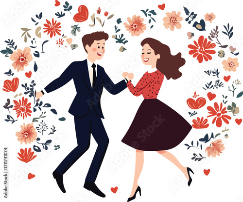 A happy couple dancing romantically surrounded by a vibrant floral heart shaped wreath of colorful flowers and leaves