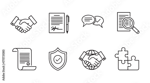 Collection of business and legal agreement icons in silhouette style