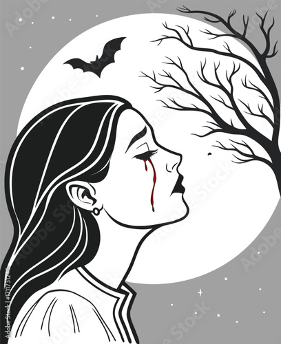 Gothic Woman Crying Blood Under a Full Moon