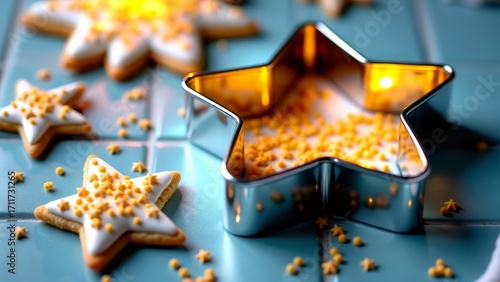 Star cookies and cutter on blue tile