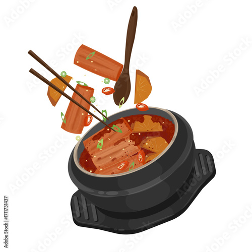 Vector Illustration Logo Clipart Levitation Braised Korean Beltfish or Galchi Jorim on a Ttukbaegi
