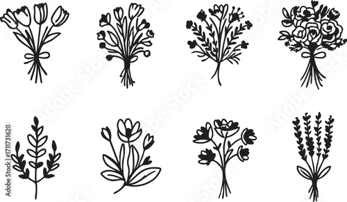 Floral bouquet vector set: line art flower illustrations for wedding, design, and crafts eps silhouette