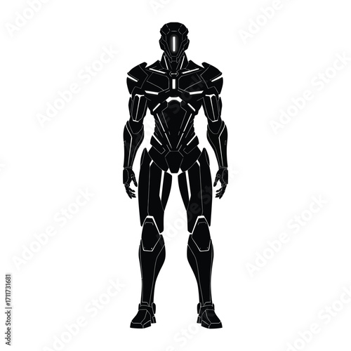 Futuristic robot standing tall in a sleek black and white design showcasing advanced technology and science fiction elements creating a powerful visual impact on white background