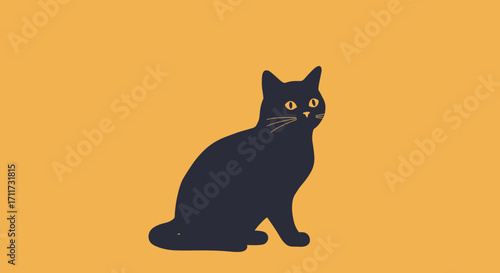 Cute black cat sitting against a vibrant orange background mysterious feline