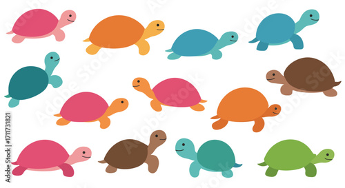 Collection of cute cartoon turtles in various bright colors and poses