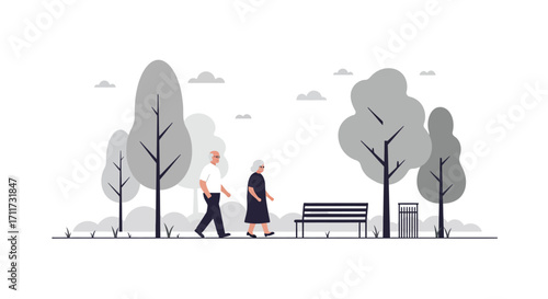 Elderly couple strolls through park enjoying nature scenic view peaceful retirement life