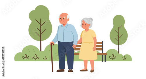 Happy elderly couple holding hands outdoors enjoying park scenery and sunshine