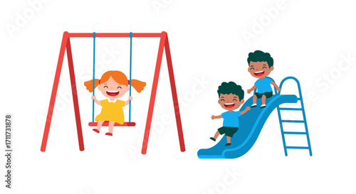 Joyful children playing on playground swing and slide summer fun outdoor activities
