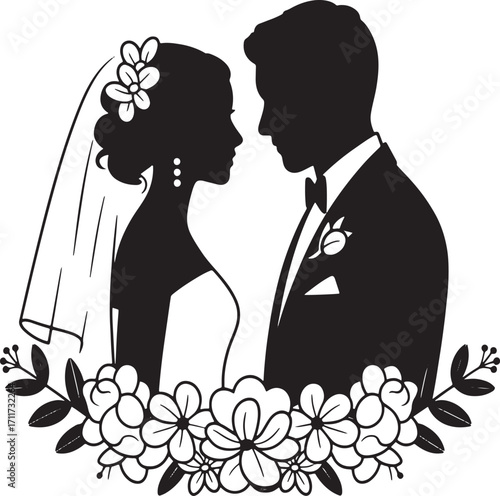Romantic Silhouette of a Wedding Couple Surrounded by Blooming Flowers a Celebration of Love and Commitment