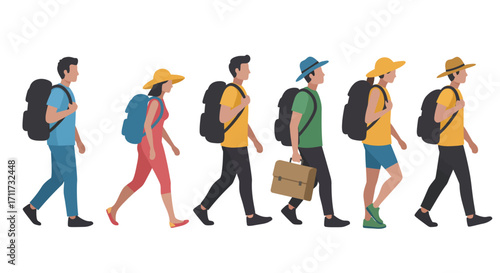 Diverse group of hikers with backpacks walking together on an outdoor adventure journey