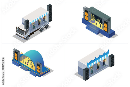 illustration set of isometric music stages, white background suitable for picture book assets, games and related assets