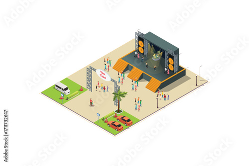 Music Festival Illustration Concept 3d Isometric View of Party Elements, camper van, bus. Concert Background and Stage Landscape. Musical Event vector illustration