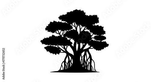 Silhouette of a mangrove tree with aerial roots representing nature and ecosystems