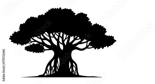 Majestic silhouette of a sprawling tree with exposed roots symbolizing strength and growth