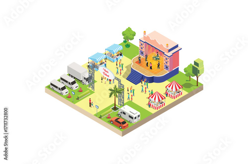 Music Festival Illustration Concept 3d Isometric View of Party Elements, camper van, bus. Concert Background and Stage Landscape. Musical Event vector illustration