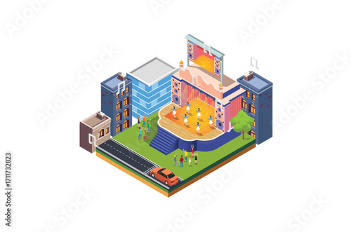 Roadside Music Festival illustration with cars lined up, 3d Isometric View of Party Elements, people dancing, trucks. Concert Background and Stage Landscape. Musical Event vector illustration