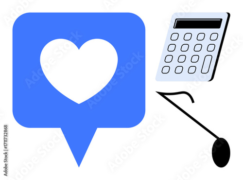Blue chat bubble with white heart beside a calculator using a cane as a playful character. Ideal for self-care, finance, connection, creativity, communication, balance, positivity. Simple flat