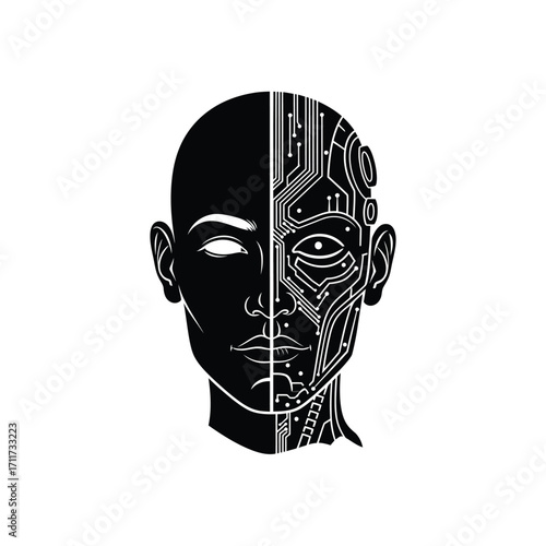 Half human half machine face design showcasing artificial intelligence and technology integration in a modern black and white graphic illustration on white background