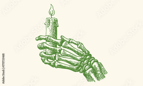 Sketchy vintage illustration of skeleton hand holding candle with flame, spooky Halloween engraving style.