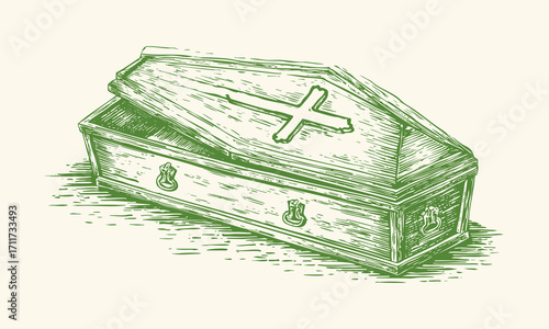 Vintage pencil draw coffin with cross illustration in retro line art style, spooky Halloween sketch.