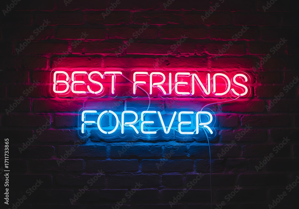 Obraz premium A vibrant neon sign glows against a dark brick wall, displaying the words best friends forever in bright pink and blue, symbolizing lasting friendship
