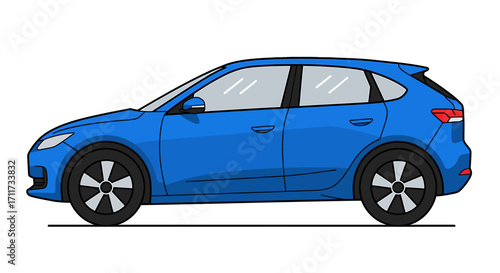 Stylized side view of a modern blue hatchback car, a clean and simple automotive vector illustration design isolated on white