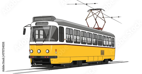 Detailed design of a vintage yellow tram on tracks, showcasing architectural elements for transport