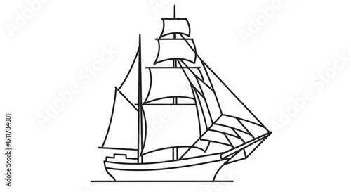 Minimalist vector line art design depicting a classic tall ship with full sails, evoking a sense of historical maritime exploration and journey
