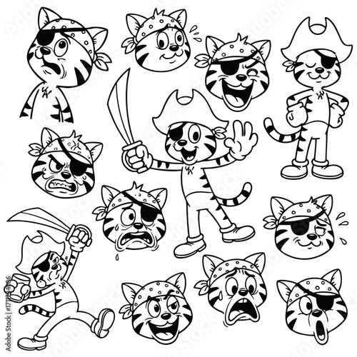 Pirate Cat Cartoon Character Collection: Vector Line Art Illustration

