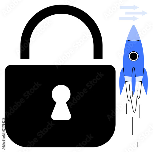 Closed padlock alongside blue rocket signifying secure innovation, speed, and progress. Ideal for cybersecurity, innovation, growth, technology, safety privacy and progress concepts. Simple flat