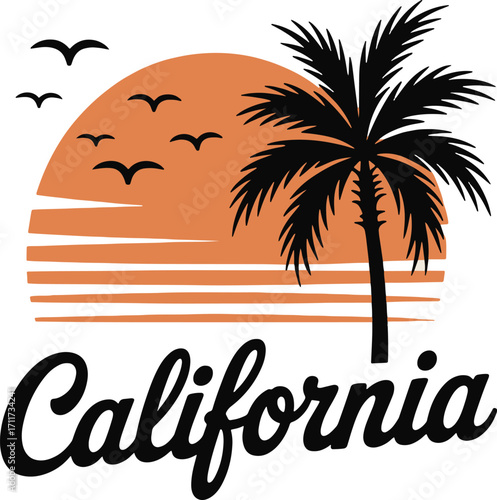 California Dreaming: A Sunset Silhouette of Palm Trees, Birds, and Ocean Waves Evokes a West Coast Paradise