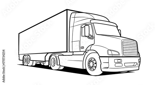 Detailed black and white vector outline design of a powerful semi-truck, showcasing its robust structure and the essence of modern cargo transportation, perfect for logistic concepts