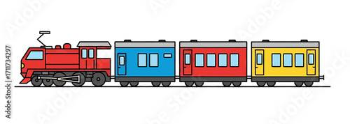 A simplified, vibrant design of a classic red steam train with multiple colorful passenger cars, perfect for children's themes
