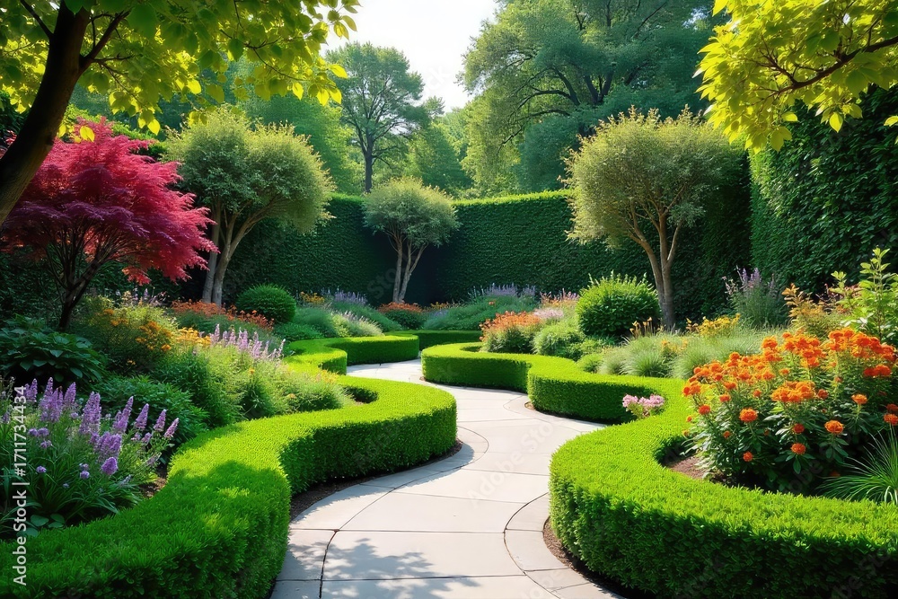 Obraz premium A vibrant, modern garden design featuring sculpted hedges, flowing curves, and a carefully chosen palette of plants creating a stunning landscape artwork , contemporary landscape, mulch