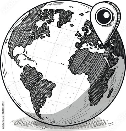 Hand-drawn sketch illustration of a world map globe with a prominent location pin, symbolizing global reach, precise navigation, and interconnected travel destinations