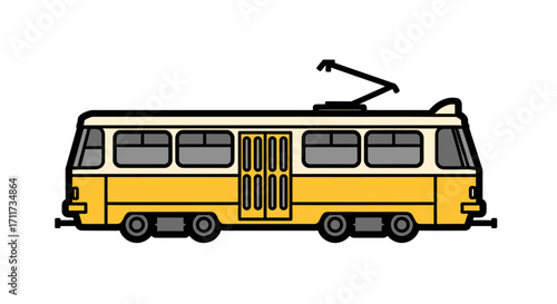 A bright yellow tram illustration, featuring a sleek urban transport design. This clean vector asset is perfect for symbolizing efficient city travel and public transit