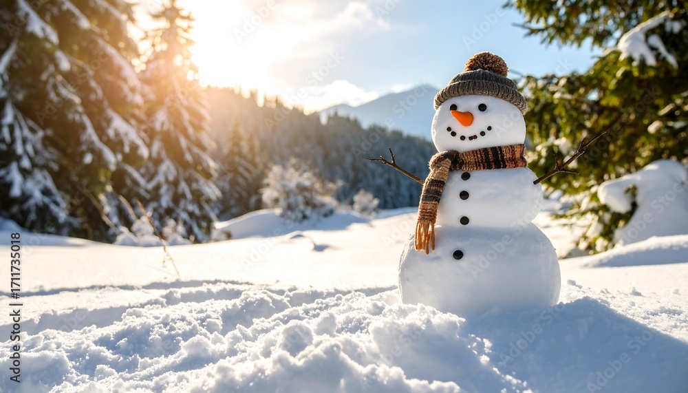 Obraz premium A cheerful snowman stands in a snowy winter landscape with sunlit trees.