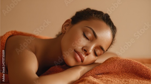 Relaxed female receiving professional spa massage, enjoying peaceful moment with closed eyes, resting on cushioned table amid soft lighting and calm atmosphere
