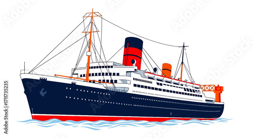 Detailed design of a vintage ocean liner illustration in a clean, colorful style