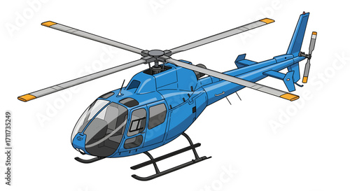 Dynamic vector design of a blue helicopter, showcasing its modern aerial mobility and essential role in swift air transport, emergency services, and professional aviation