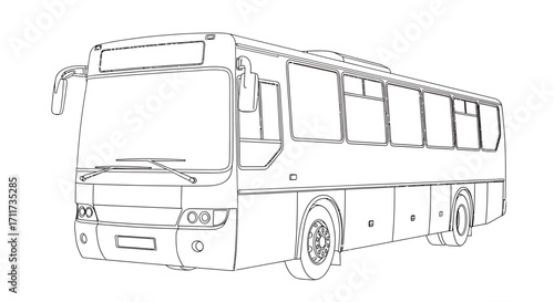 Line art design of a public transport bus, a detailed outline illustration