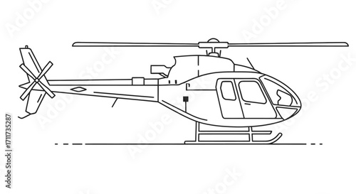 Line art design of a modern helicopter, showcasing its sleek aerodynamic structure and functional components for aviation